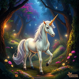 A mystical unicorn stands gracefully in a fantasy forest