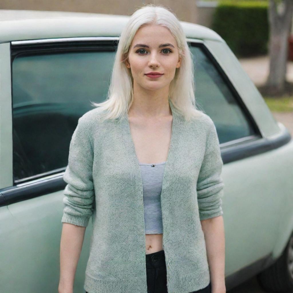 Full-length interior photo of a 30-year-old, medium-build girl with white hair standing near a car. She has long square proportional facial features, a small smooth nose, dimples in her cheeks, bow lips, thin cheeks and cheekbones, large black eyebrows, smooth medium green eyes, and swarthy skin