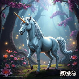 A mystical unicorn stands gracefully in a fantasy forest