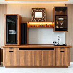 A bar cabinet made of walnut wood and black accents, approximately 2