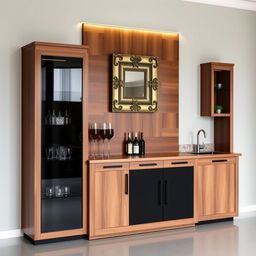 A bar cabinet made of walnut wood and black accents, approximately 2