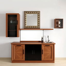 A bar cabinet made of walnut wood and black accents, approximately 2