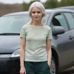 Full-length interior photo of a 30-year-old, medium-build girl with white hair standing near a car. She has long square proportional facial features, a small smooth nose, dimples in her cheeks, bow lips, thin cheeks and cheekbones, large black eyebrows, smooth medium green eyes, and swarthy skin