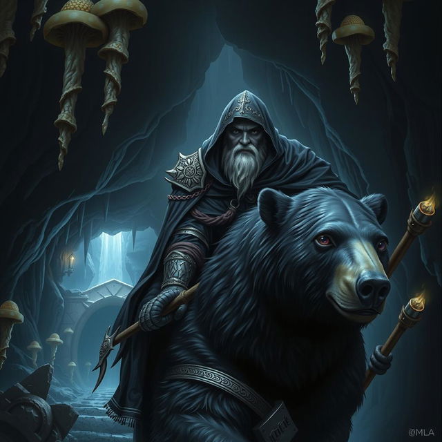 A hood-wearing bald duergar paladin with purple eyes, a thick white beard, and charcoal purple skin rides a dark Kodiak bear in an underground pass