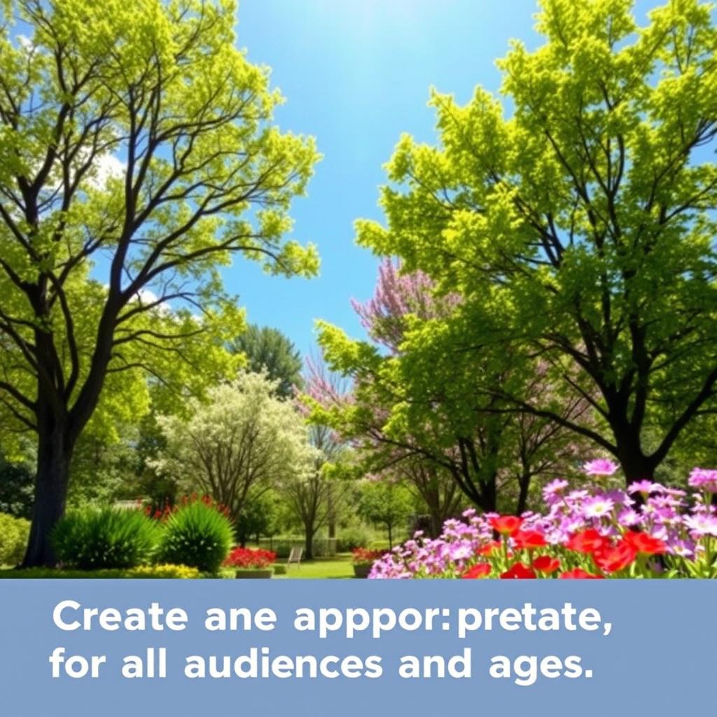 Create an image that is appropriate for all audiences and ages, featuring a cheerful and vibrant scene with nature elements such as trees, flowers, and a bright blue sky