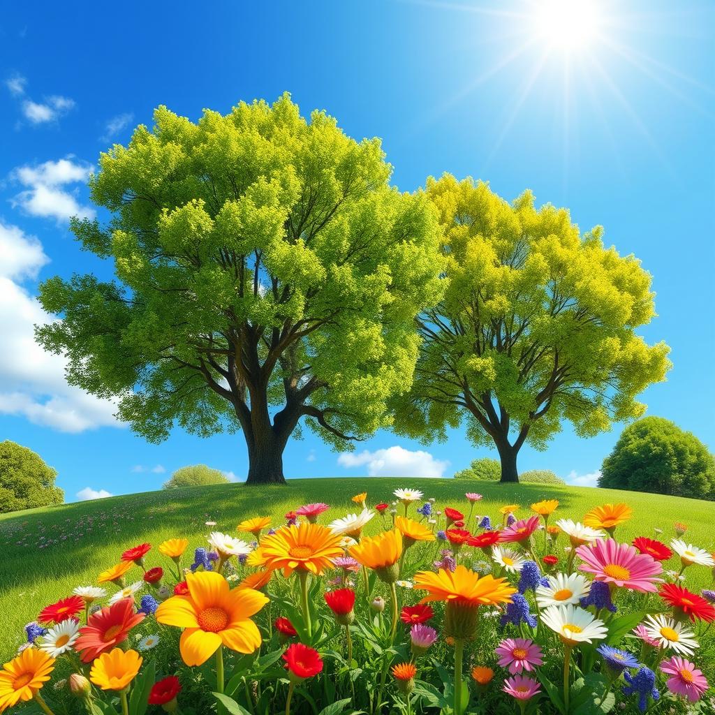 Create an image that is appropriate for all audiences and ages, featuring a cheerful and vibrant scene with nature elements such as trees, flowers, and a bright blue sky