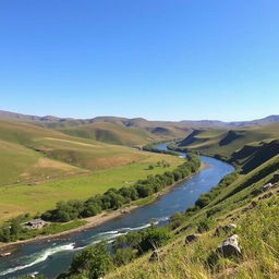 A beautiful landscape with rolling hills, a clear blue sky, and a serene river flowing through a lush green valley