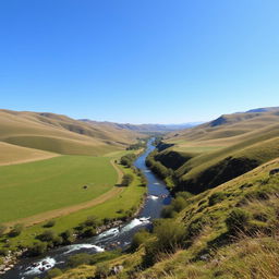 A beautiful landscape with rolling hills, a clear blue sky, and a serene river flowing through a lush green valley