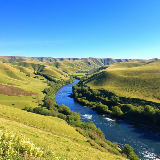 A beautiful landscape with rolling hills, a clear blue sky, and a serene river flowing through a lush green valley