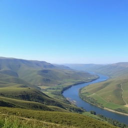 A beautiful landscape with rolling hills, a clear blue sky, and a serene river flowing through a lush green valley