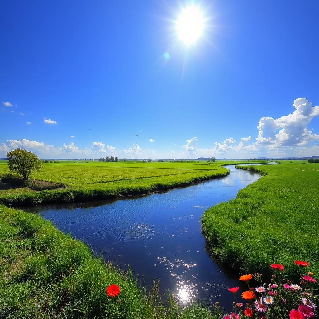 A serene landscape featuring a clear blue sky, lush green fields, and a calm river flowing through the scene