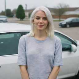 Full-length interior photo of a 30-year-old, medium-build girl with white hair standing near a car. She has long square proportional facial features, a small smooth nose, dimples in her cheeks, bow lips, thin cheeks and cheekbones, large black eyebrows, smooth medium green eyes, and swarthy skin