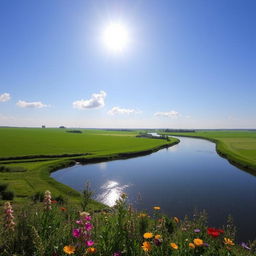 A serene landscape featuring a clear blue sky, lush green fields, and a calm river flowing through the scene