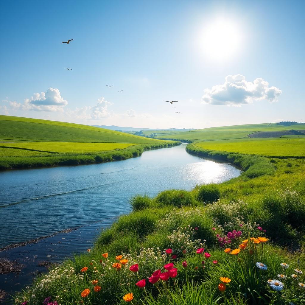 A serene landscape featuring a clear blue sky, lush green fields, and a calm river flowing through the scene