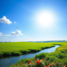 A serene landscape featuring a clear blue sky, lush green fields, and a calm river flowing through the scene