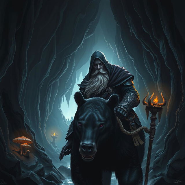 A hood-wearing bald duergar paladin with purple eyes, a thick white beard, and charcoal purple skin rides a dark Kodiak bear in an underground pass