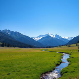 A serene landscape with a clear blue sky, a lush green meadow, and a gentle stream flowing through it