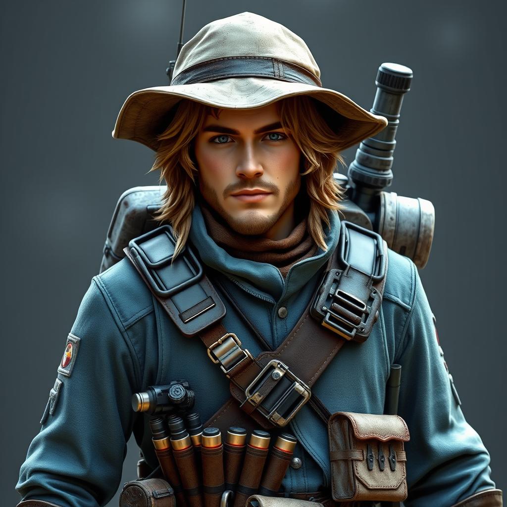 A Star Wars character who is a bounty hunter with light brown hair and a mountain hat, wearing a bluish bulletproof suit, a leather and metal belt holding pistol cartridges, and a jetpack on their back