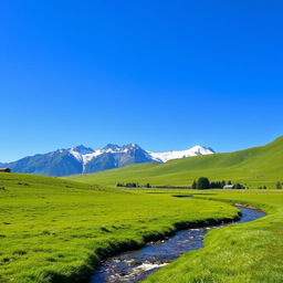 A serene landscape with a clear blue sky, a lush green meadow, and a gentle stream flowing through it