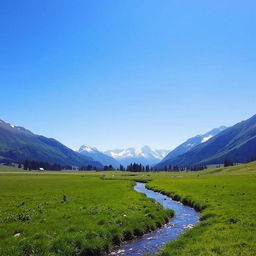 A serene landscape with a clear blue sky, a lush green meadow, and a gentle stream flowing through it