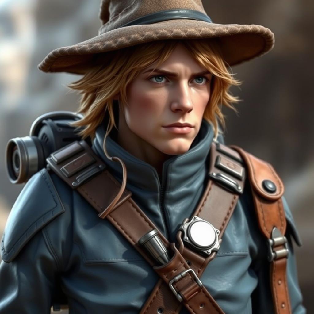 A Star Wars character who is a bounty hunter with light brown hair and a mountain hat, wearing a bluish bulletproof suit, a leather and metal belt holding pistol cartridges, and a jetpack on their back