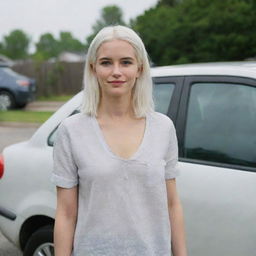 Full-length interior photo of a 30-year-old, medium-build girl with white hair standing near a car. She has long square proportional facial features, a small smooth nose, dimples in her cheeks, bow lips, thin cheeks and cheekbones, large black eyebrows, smooth medium green eyes, and swarthy skin