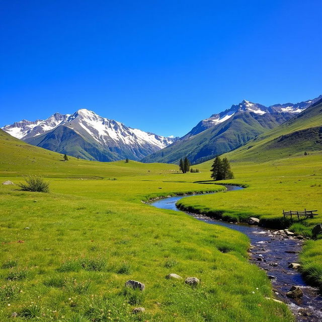 A serene landscape with a clear blue sky, a lush green meadow, and a gentle stream flowing through it