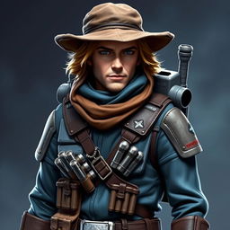 A Star Wars character who is a bounty hunter with light brown hair and a mountain hat, wearing a bluish bulletproof suit, a leather and metal belt holding pistol cartridges, and a jetpack on their back