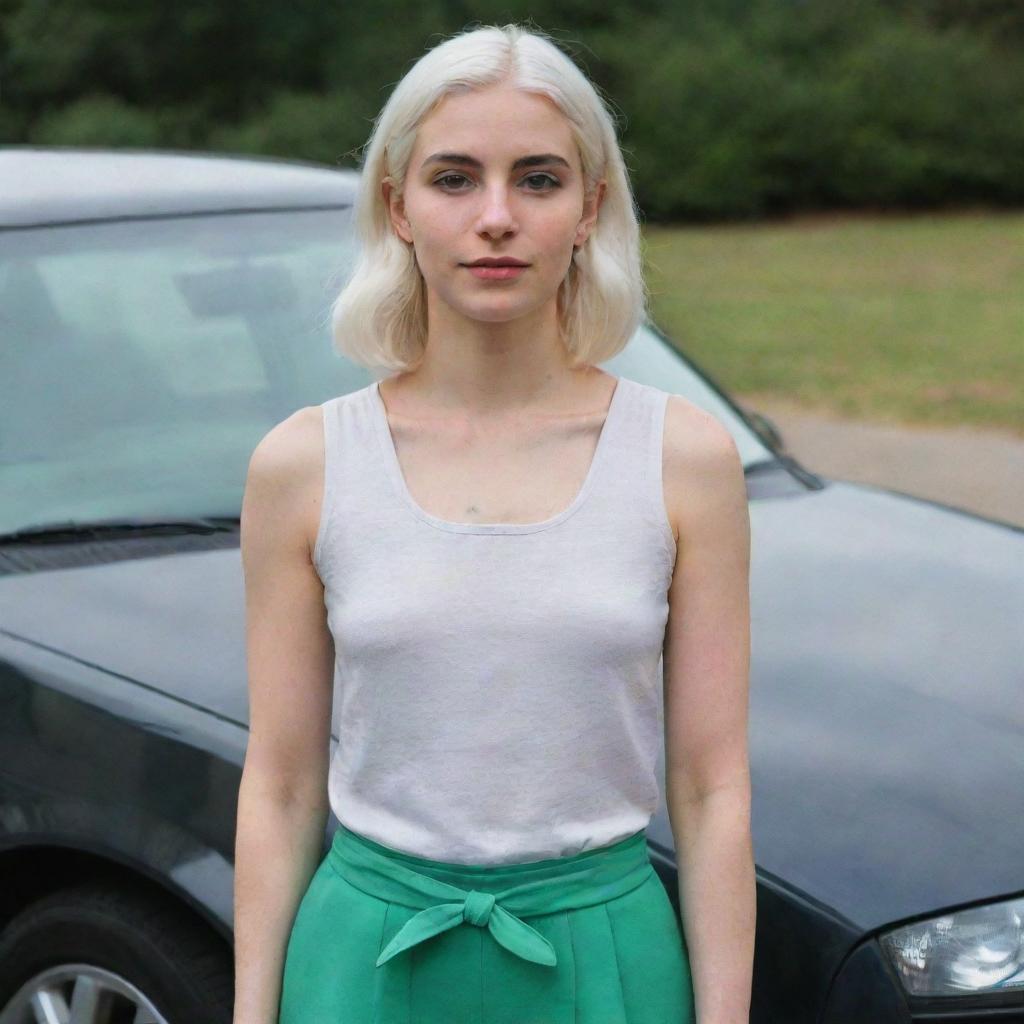 Full-length interior photo of a 30-year-old girl with an average build and white hair, standing near a car. She has long, square, proportional facial features, a small smooth nose, dimples in her cheeks, bow lips, thin cheeks and cheekbones, large black eyebrows, smooth medium green eyes, and swarthy skin