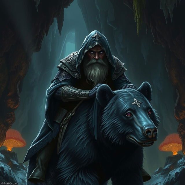 A hood-wearing bald duergar paladin with purple eyes, a thick white beard, and charcoal purple skin rides a dark Kodiak bear in an underground pass