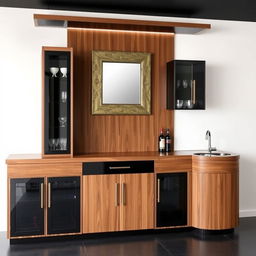 A bar cabinet made of walnut wood and black accents, approximately 2