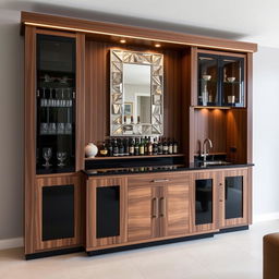 A bar cabinet made of walnut wood and black accents, approximately 2