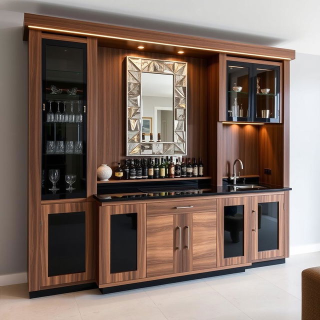 A bar cabinet made of walnut wood and black accents, approximately 2