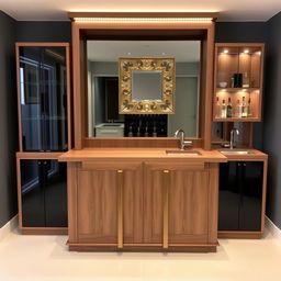 A bar cabinet made of walnut wood and black accents, approximately 2