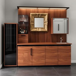 A bar cabinet made of walnut wood and black accents, approximately 2