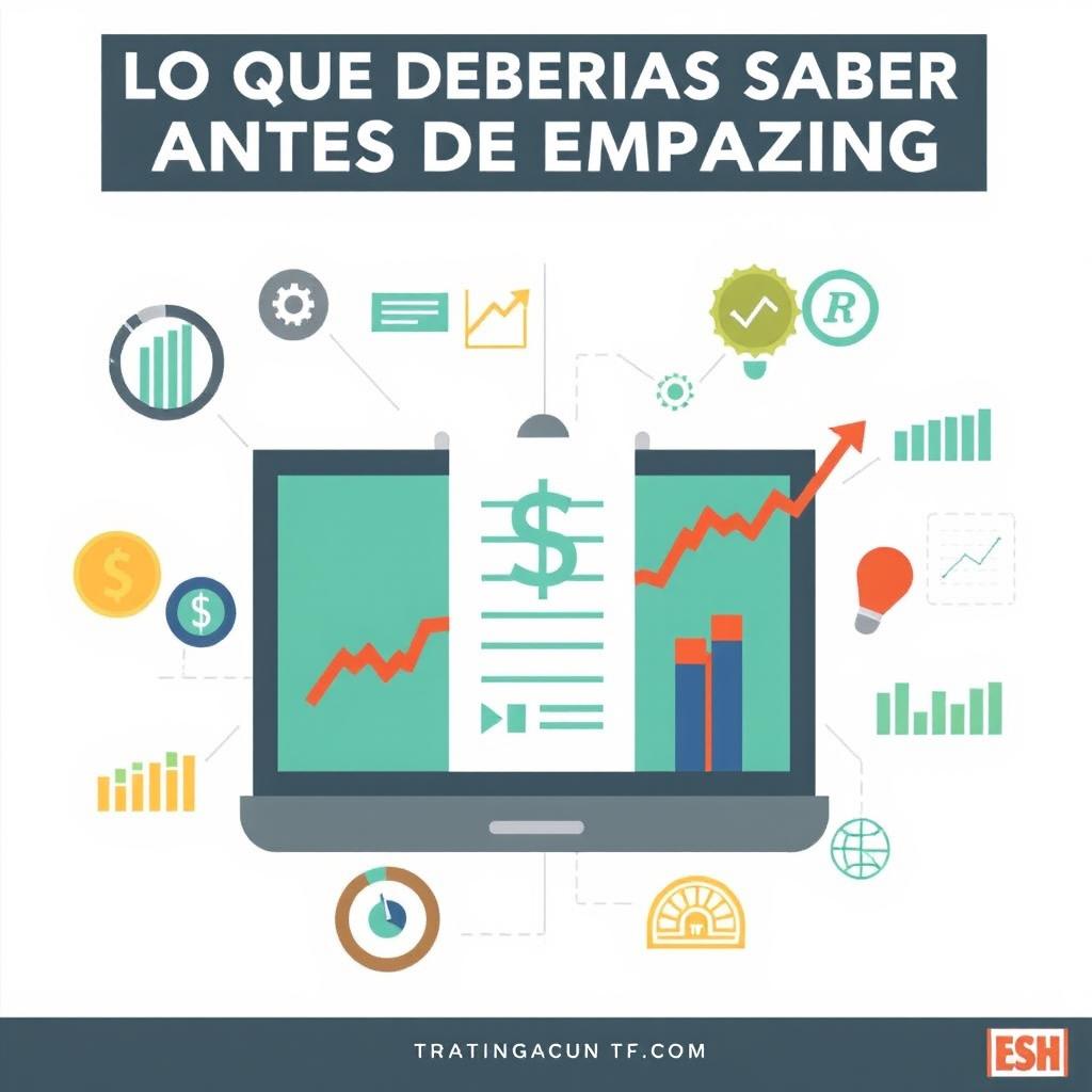 Create an informative image titled 'LO QUE DEBERIAS SABER ANTES DE EMPEZAR EN TRADING'