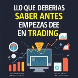 Create an informative image titled 'LO QUE DEBERIAS SABER ANTES DE EMPEZAR EN TRADING'