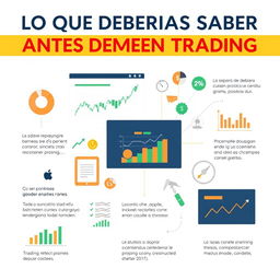 Create an informative image titled 'LO QUE DEBERIAS SABER ANTES DE EMPEZAR EN TRADING'