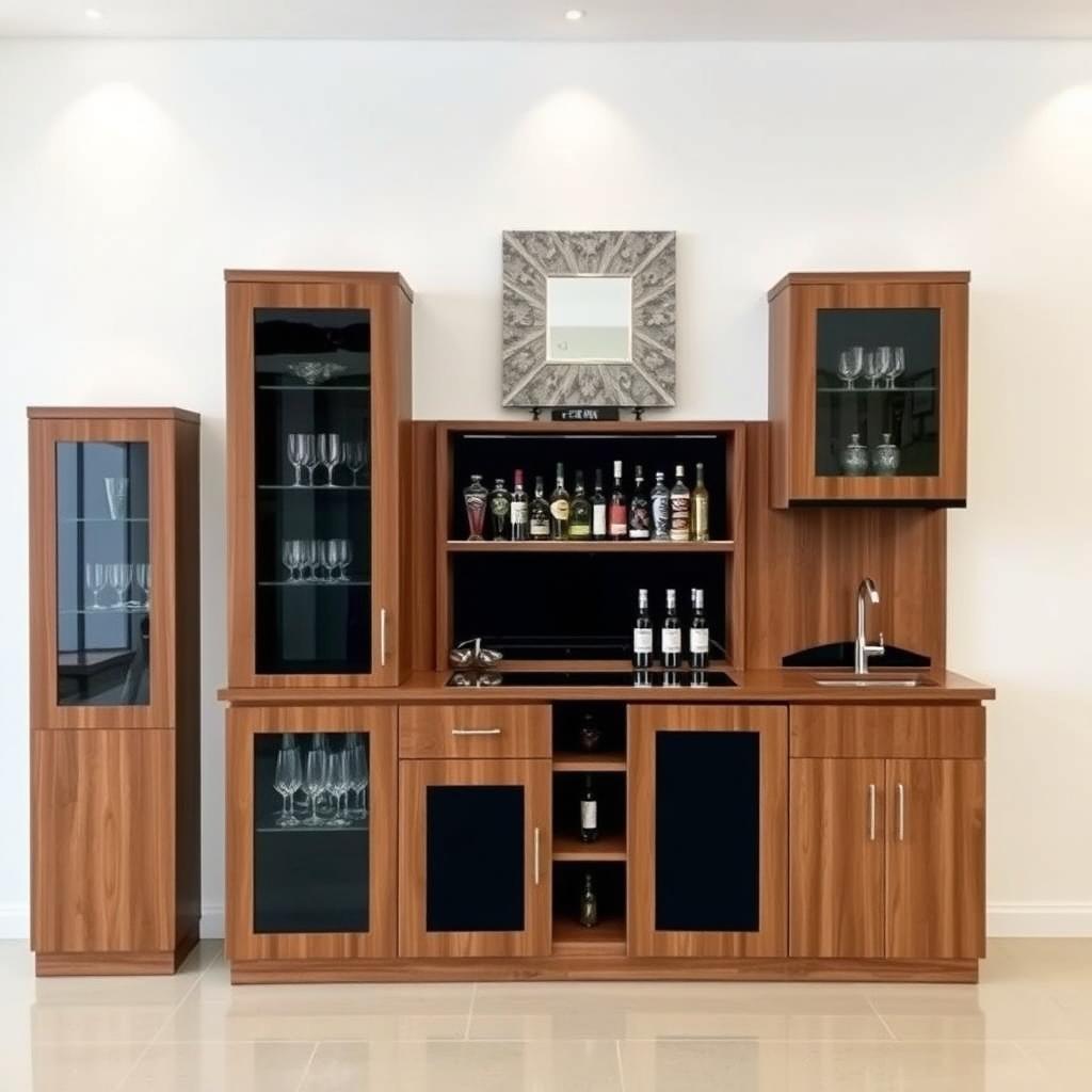 A bar cabinet made of walnut wood and black accents, approximately 2