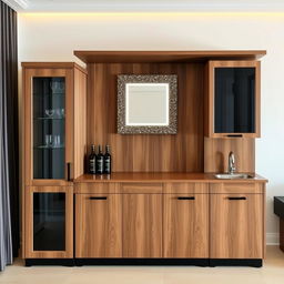 A bar cabinet made of walnut wood and black accents, approximately 2