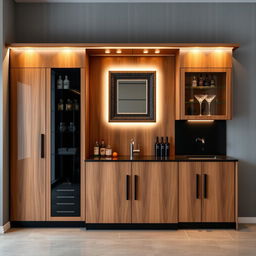 A bar cabinet made of walnut wood and black accents, approximately 2