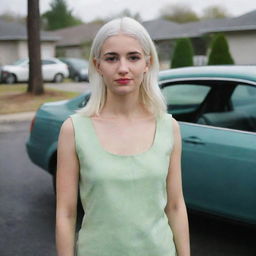 Full-length interior photo of a 30-year-old girl with an average build and white hair, standing near a car. She has long, square, proportional facial features, a small smooth nose, dimples in her cheeks, bow lips, thin cheeks and cheekbones, large black eyebrows, smooth medium green eyes, and swarthy skin