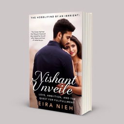 Create a book cover for a romantic and inspirational book titled 'Nishant Unveiled: Love, Ambition, and the Quest for Fulfillment'