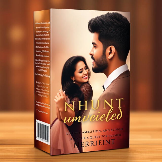 Create a book cover for a romantic and inspirational book titled 'Nishant Unveiled: Love, Ambition, and the Quest for Fulfillment'