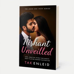 Create a book cover for a romantic and inspirational book titled 'Nishant Unveiled: Love, Ambition, and the Quest for Fulfillment'