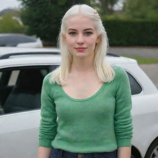 Full-length interior photo of a 30-year-old girl with an average build and white hair, standing near a car. She has long, square, proportional facial features, a small smooth nose, dimples in her cheeks, bow lips, thin cheeks and cheekbones, large black eyebrows, smooth medium green eyes, and swarthy skin