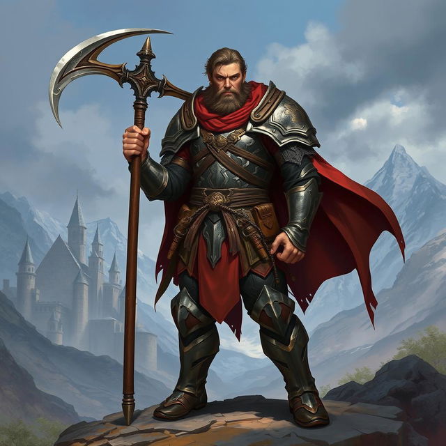 A human warrior from an RPG, standing valiantly with a halberd