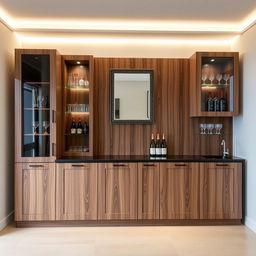 A bar cabinet made of walnut wood and black accents, approximately 2