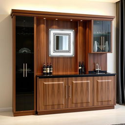 A bar cabinet made of walnut wood and black accents, approximately 2