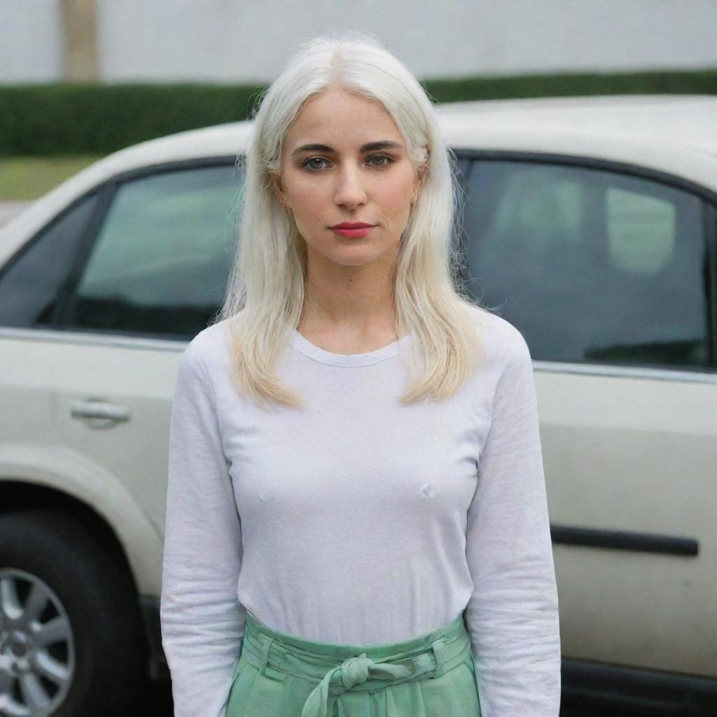 Full-length interior photo of a 30-year-old girl of average build, with white hair, standing near a car. Her long square proportional facial features include a small smooth nose, cheek dimples, bow lips, large black eyebrows, smooth medium green eyes, and swarthy skin